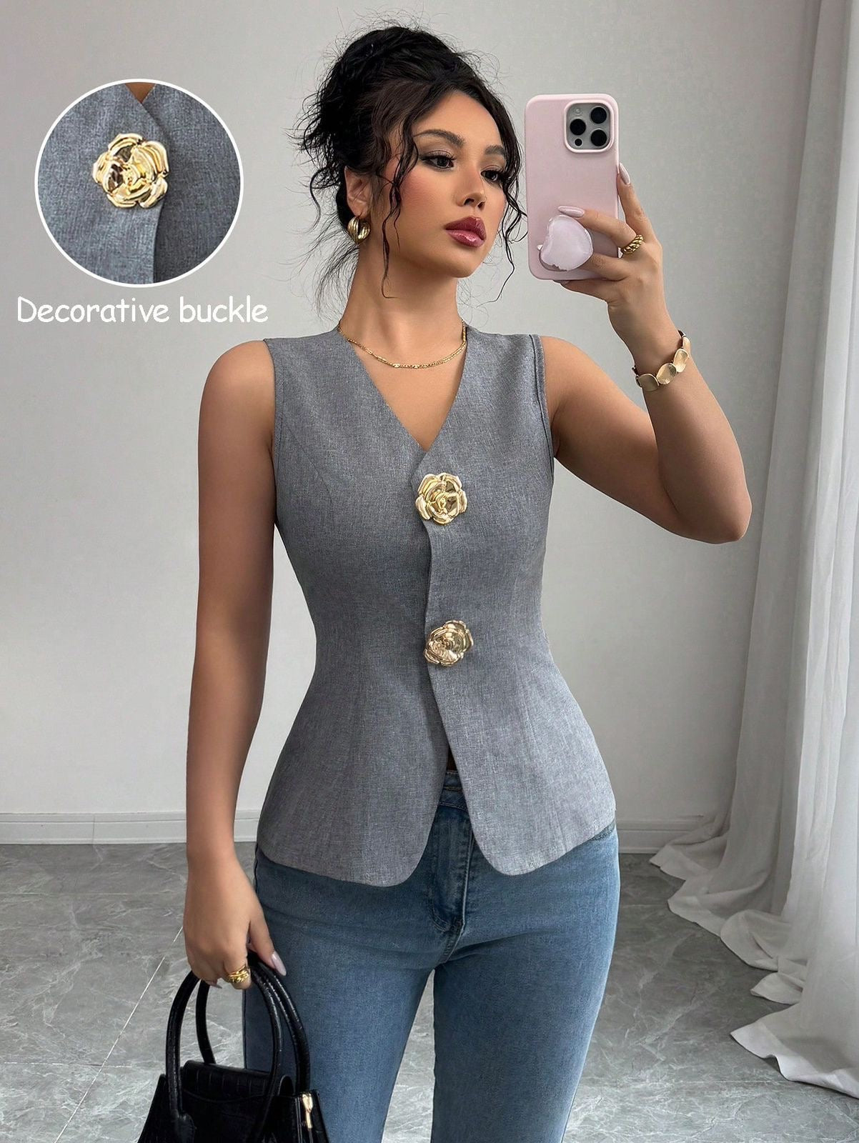 Gold Rose Button Tank Top