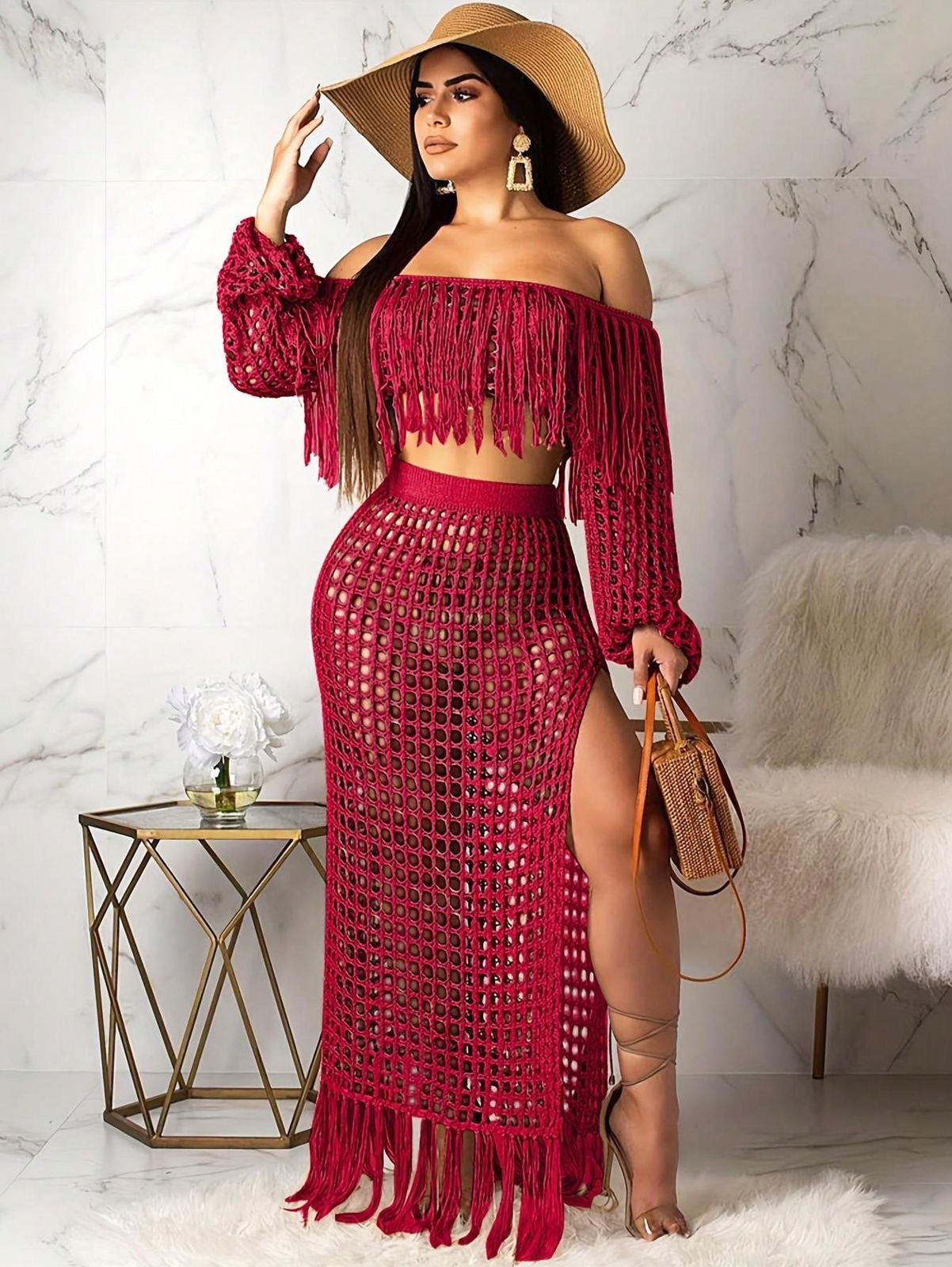 Mesh Tassel Sheer 2-Piece Dress Set