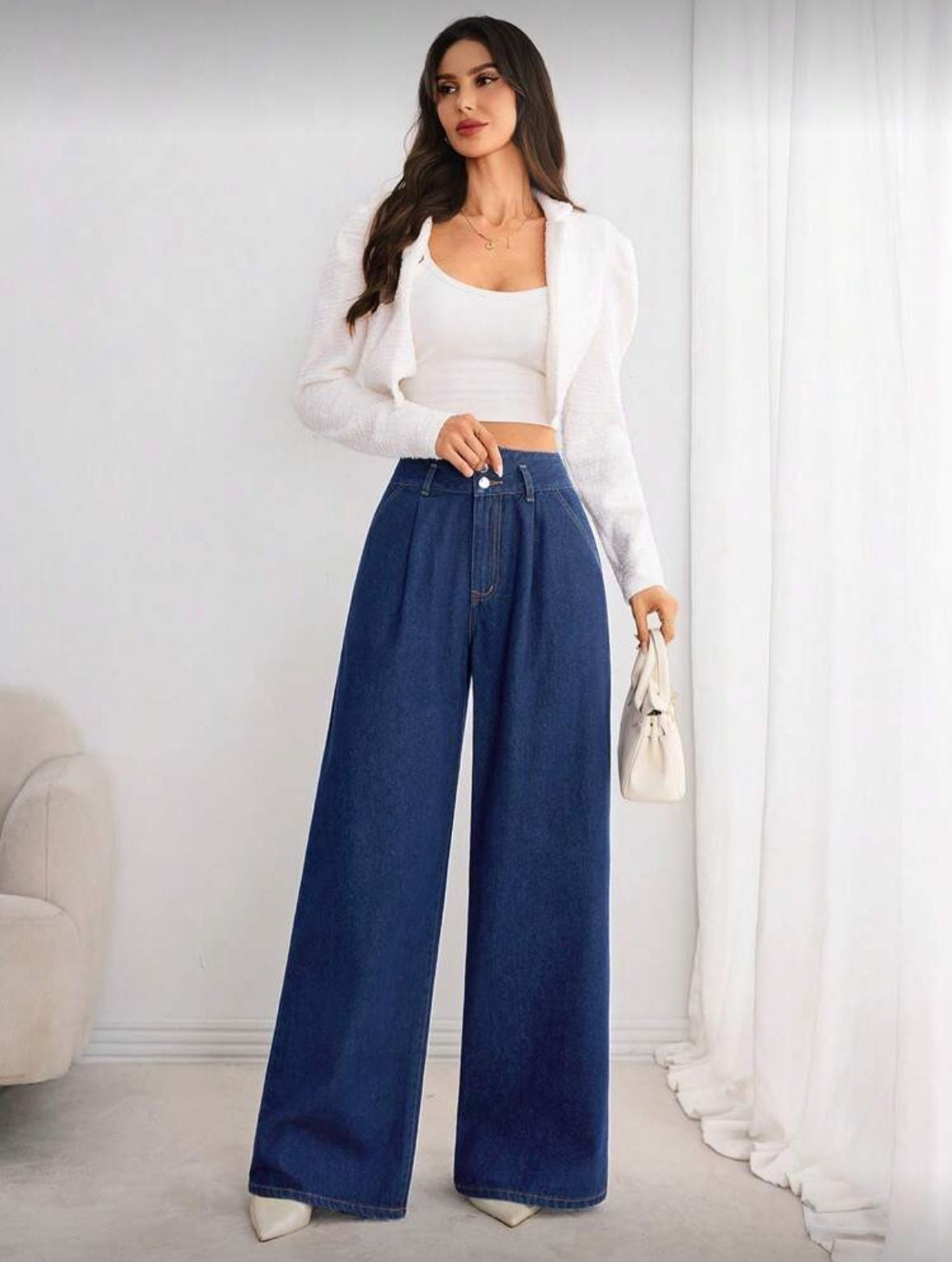 Pleated Blue Straight Jeans