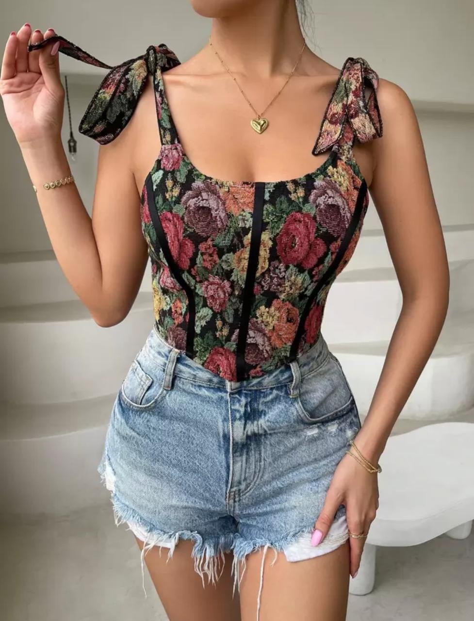Floral tie shoulder top